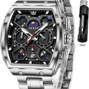 OLEVS Men Watches Business Dress Chronograph Big Square Quartz Analog Male Watch Silicone Strap Waterproof Date Gift Mens Wrsit Watch Silver