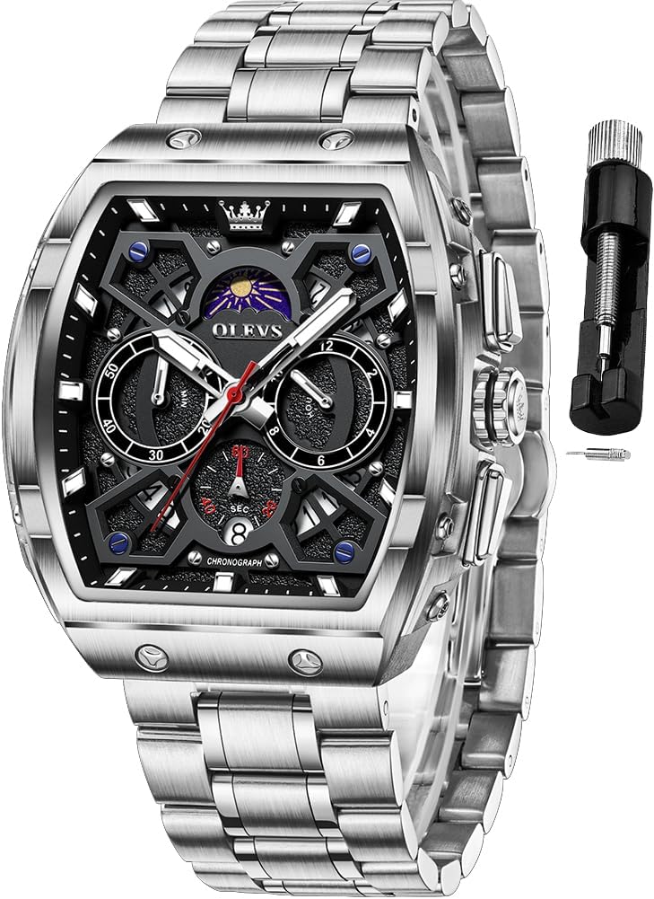 OLEVS Men Watches Business Dress Chronograph Big Square Quartz Analog Male Watch Silicone Strap Waterproof Date Gift Mens Wrsit Watch Silver