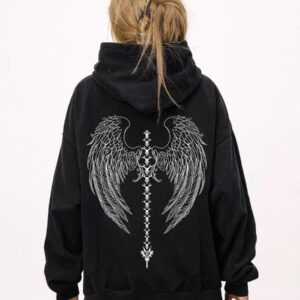 Dynict Unisex Y2K Aicd Wash Gothic Graphic Hoodies Oversize Grunge Skull Wing Print Sweatshirt Casual Fit Pullover