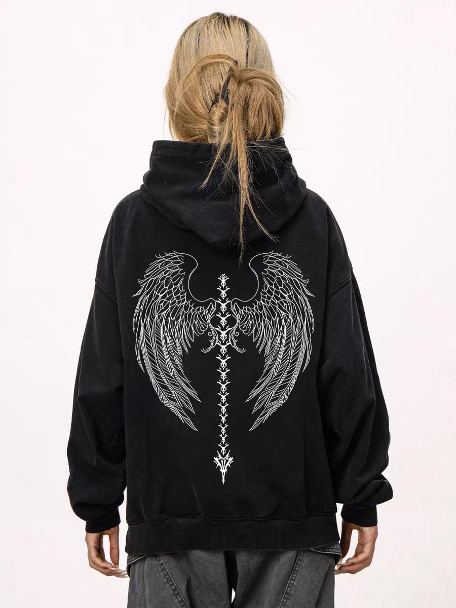Dynict Unisex Y2K Aicd Wash Gothic Graphic Hoodies Oversize Grunge Skull Wing Print Sweatshirt Casual Fit Pullover