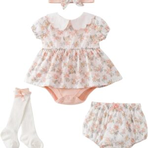 Baby Girl Bodysuit Dress Baby Girl Summer Outfits Dress Romper Floral Bloomer Shorts Socks and Headband