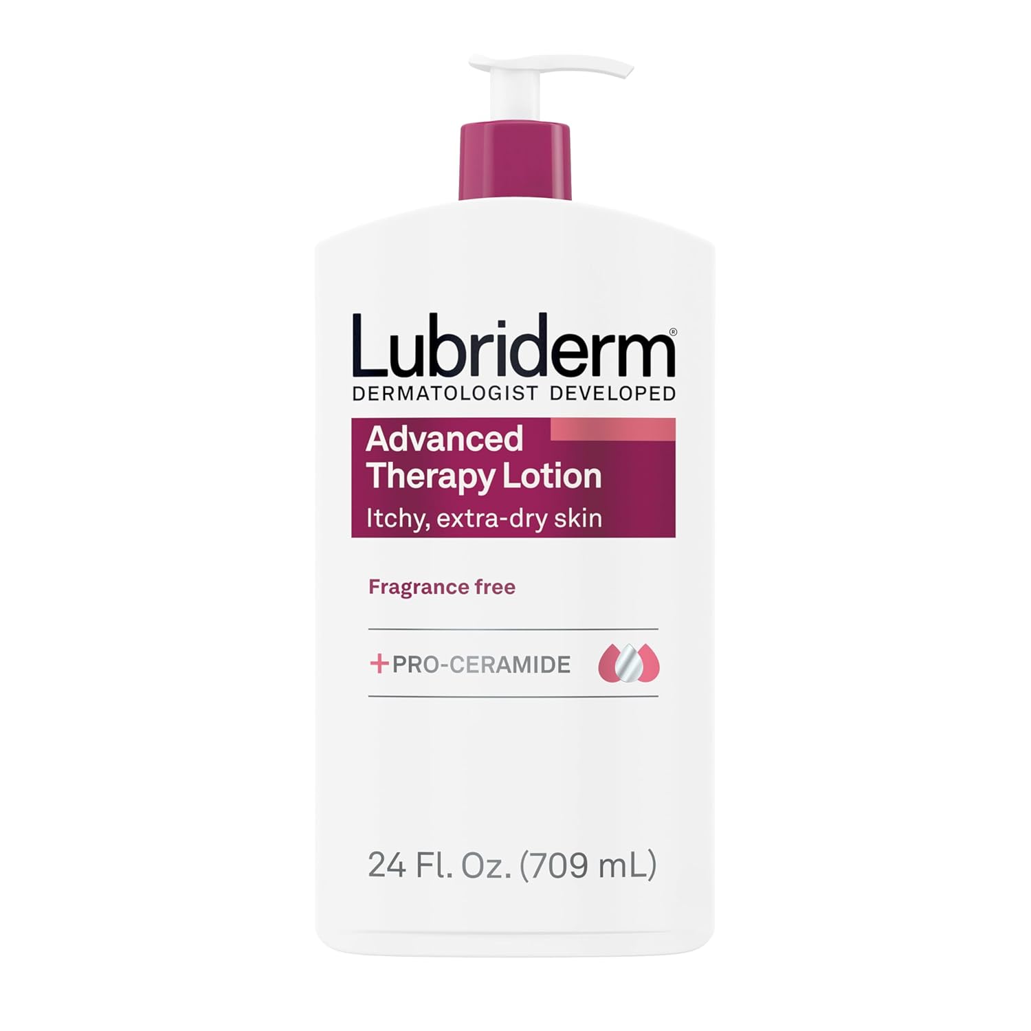 Lubriderm Advanced Therapy Fragrance Free Moisturizing Hand & Body Lotion + Pro-Ceramide, Intense Hydration for Itchy, Extra Dry, & Sensitive Skin, Non-Greasy, Hypoallergenic, 24 fl. oz