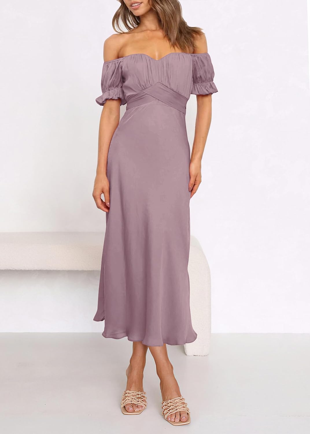 KIRUNDO Women's 2026 Spring Summer Satin Wedding Guest Midi Dress Off The Shoulder Wrap Party Cocktail Formal Prom Dresses - Image 2