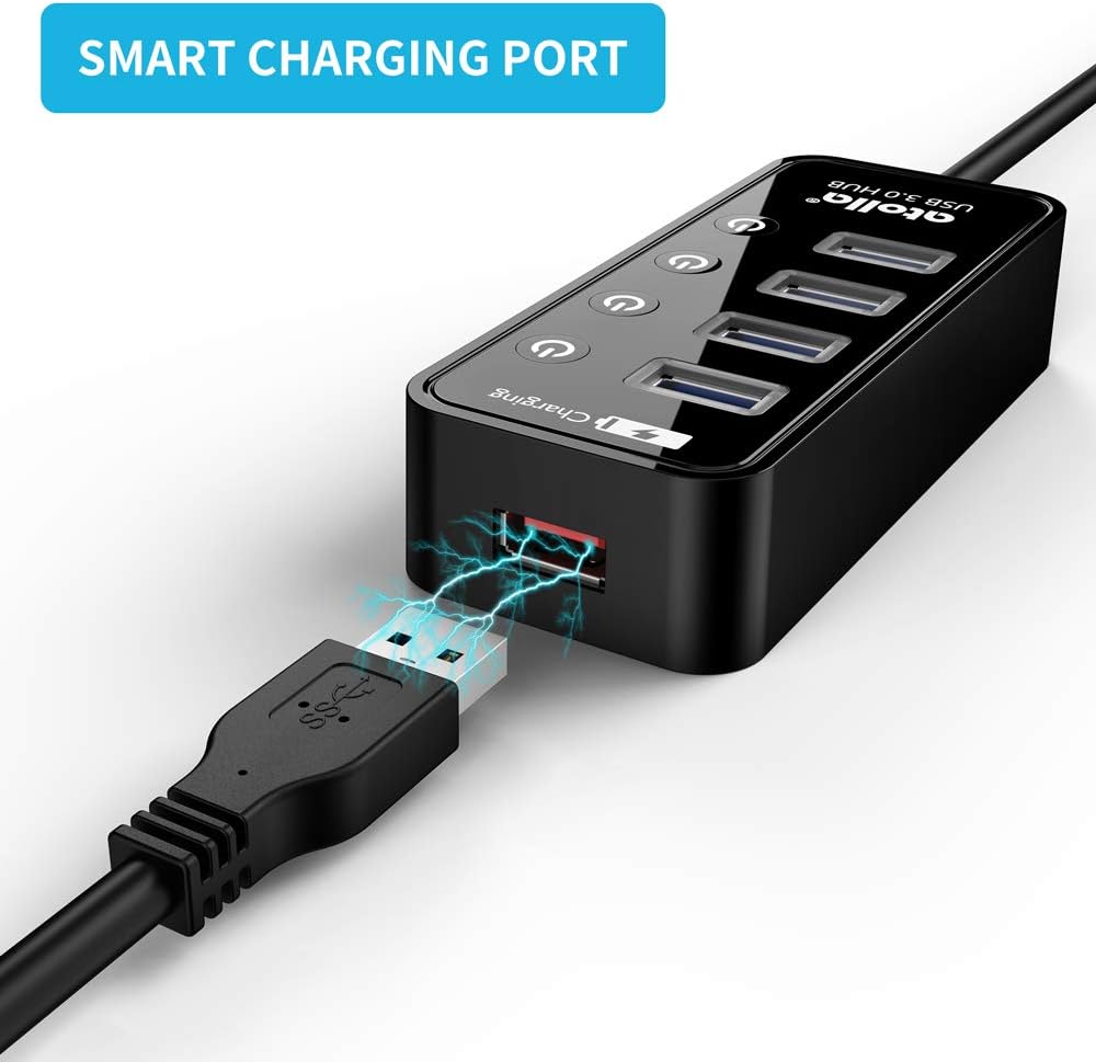 Atolla 4-Port USB 3.0 Hub with 4 Data Ports, 1 Smart Charging Port, Individual On/Off Switches and 5V/3A Adapter - Image 5