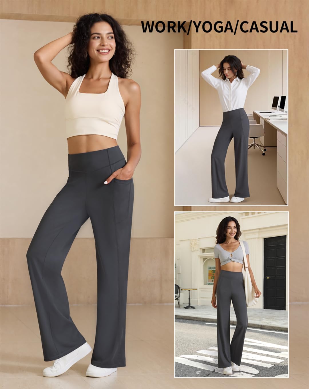 Womens High Waist Yoga Pants Stretchy Casual Trousers Straight Leg Pull On Side Pockets - Image 6