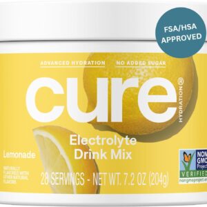 Cure Hydration | Plant-Based Electrolyte Drink Mix | No Added Sugar | FSA-HSA | Dehydration Relief Powder Made with Coconut Water | Non-GMO | Vegan | 28 Servings Jar – Lemonade