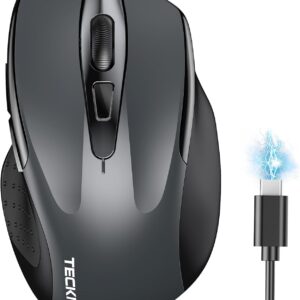 TECKNET Wireless Mouse (BT5.0/3.0 & 2.4G) Rechargeable 4800 DPI Silent USB A & Bluetooth Mouse 6 Buttons, Wide Compatibility – Grey