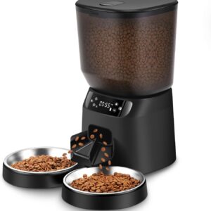 Automatic Cat Feeders for Two Cats, 5L/20 Cups Double Automatic Cat Food Dispenser with 2 Stainless Bowls, Timer Setting 20 Portions 6 Meals Per Day, 10s Meal Call (Black)