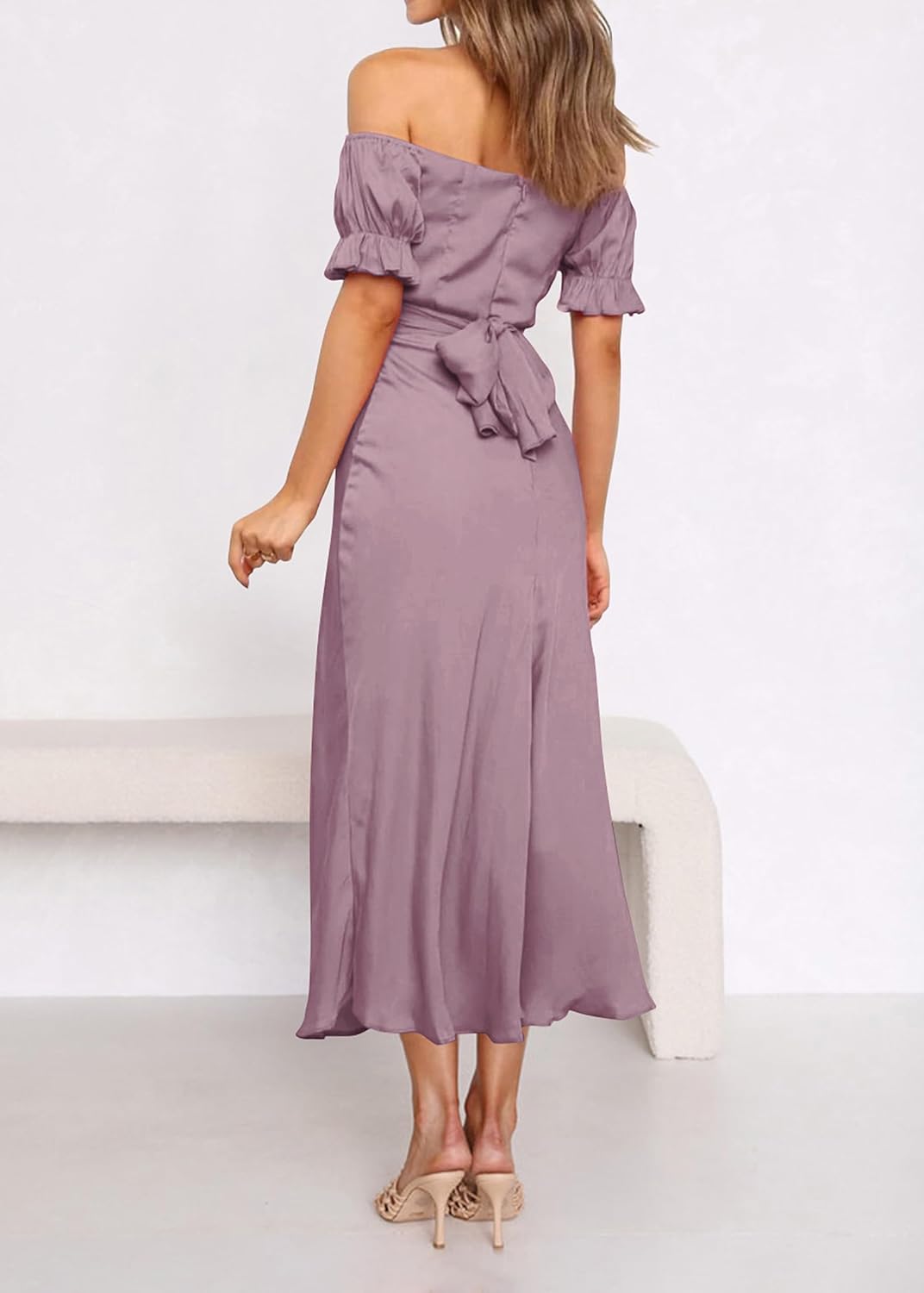 KIRUNDO Women's 2026 Spring Summer Satin Wedding Guest Midi Dress Off The Shoulder Wrap Party Cocktail Formal Prom Dresses - Image 5