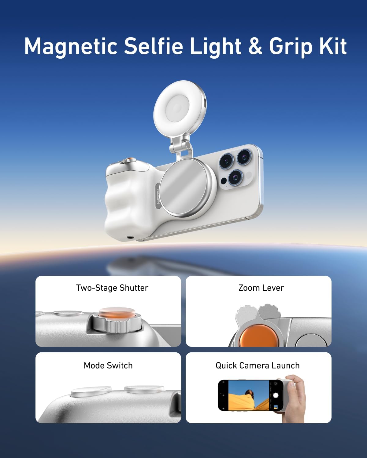TELESIN Fun Shot Magnetic Phone Camera Grip + C03 Magnetic Selfie Light (Silver) Bundle Kit Compatible with iPhone Magsafe & Android, Creator Kit for Selfies/Photography/TikTok/Zoom Calls/Video - Image 3