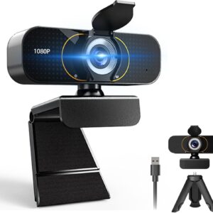 1080P HD Webcam with Microphone, Wide-Angle Lens, Auto Light Correction, Plug Play USB Web Cam with Tripod, Stand, External Camera for Laptop, Desktop Computer, PC, Mac, Zoom, Skype, Streaming, Gaming