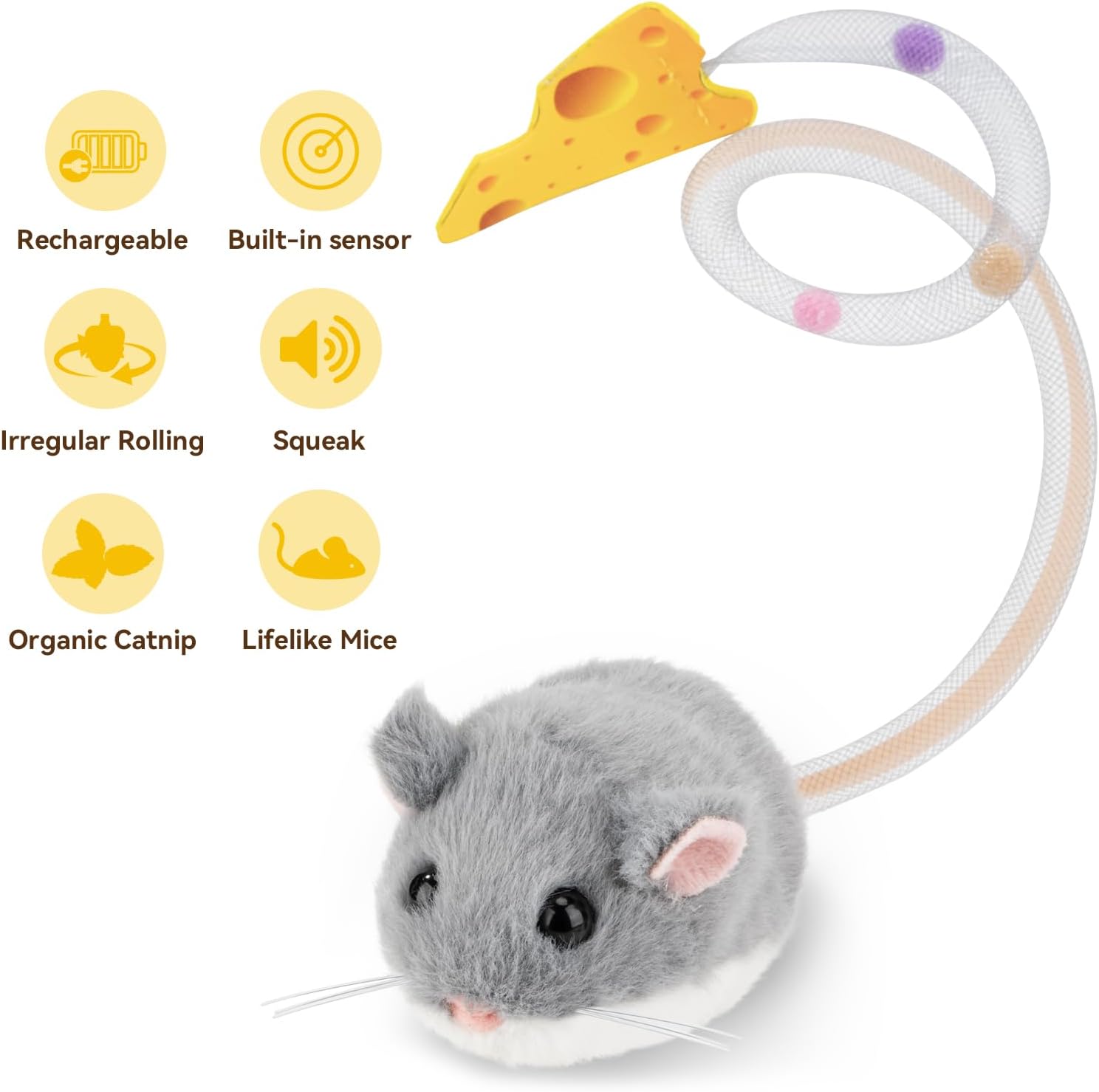 Migipaws Interactive MigiMouse Cat Toy 360° Rolling & Spin with Mesh Plastic Tail for Indoor Cats Smart Motion Sensor, Realistic Squeak, Rechargeable Plush Kitten Toy(Grey) - Image 4