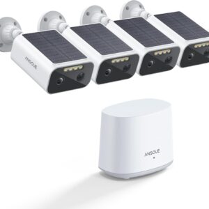 ANSQUE Solar Security Cameras Wireless Outdoor, 4-Cam-Kit, 2K Home Security Camera System, 365-Day Battery Life, No Subscription Fee, Easy to Install, Color Night Vision, Local Storage