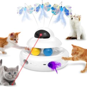 MOHAYA Cat Toys，4-in-1 Interactive Cat Toy for Indoor Cats with Laser, Fluttering Butterfly, Moving Feather and Track Balls – USB Rechargeable Self-Play Kitten Toy (White)