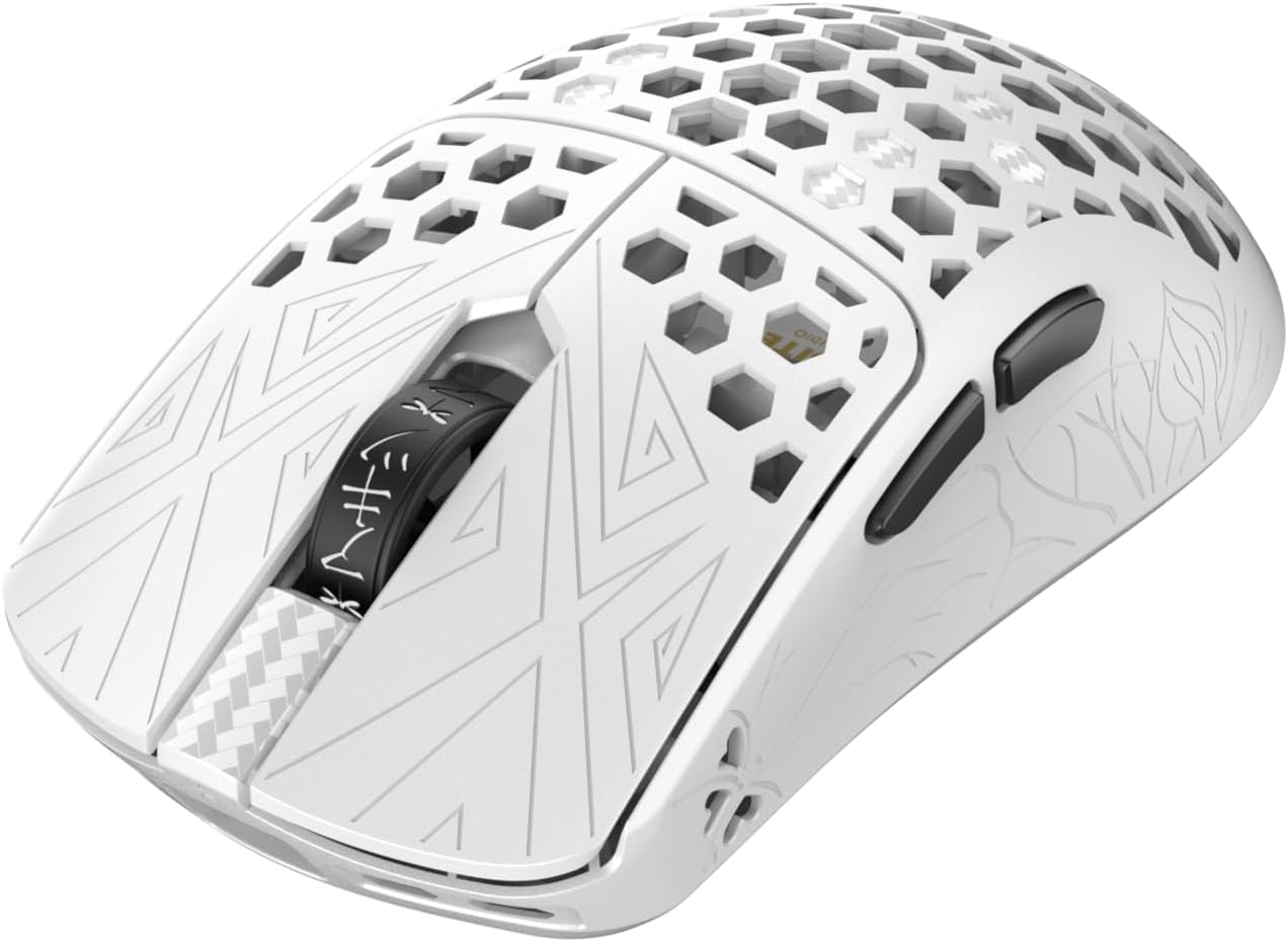 Tenko ARBITER Akitsu Medium Carbon Fiber Gaming Mouse - Ultra-Light 40g, Wireless 8K Polling, 30K DPI, PIXART 3950 Sensor, 60Hr Battery, LCD Receiver Display - White
