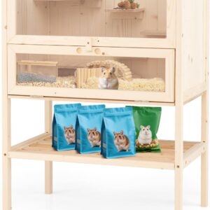 PETSITE 31.5 Inches Freestanding Wooden Hamster Cage, Chew-Proof 2-Layer Hamster House with Full Transparent Viewing, Flip-Top Roof, and Storage Shelf, Ideal for Dwarf Hamster and Gerbils