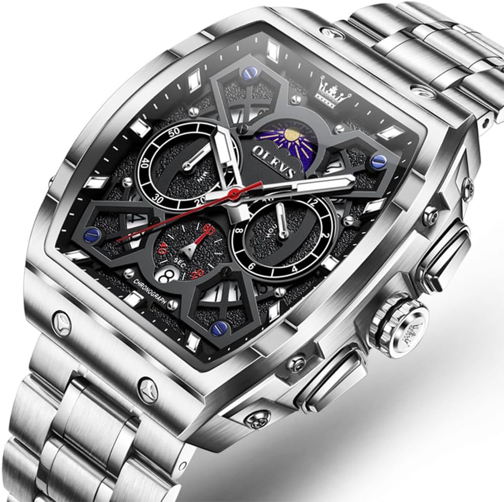 OLEVS Men Watches Business Dress Chronograph Big Square Quartz Analog Male Watch Silicone Strap Waterproof Date Gift Mens Wrsit Watch Silver - Image 8