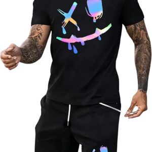 WDIRARA Men’s 2 Piece Short Sets Graphic Print Short Sleeve T Shirts and Drawstring Shorts Clothing Set