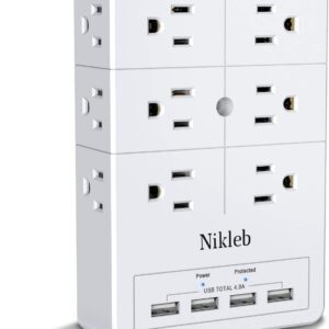Multi Plug Outlet Surge Protector Nikleb, 12 Electrical Outlets Extender with 4 USB Charging Ports Total 4.8A, Wall Plug Expander 3 Prong for Room, Office, Gaming, Cord Organizer Accessories
