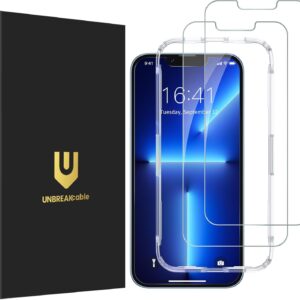 UNBREAKcable 2-Pack Screen Protector for iPhone 14/13/13 Pro Military-Grade Shatterproof Tempered Glass [9H+ Hardness] [Easy Installation Frame] [99.99% HD Clear] for Apple iPhone 13 Pro/13/14