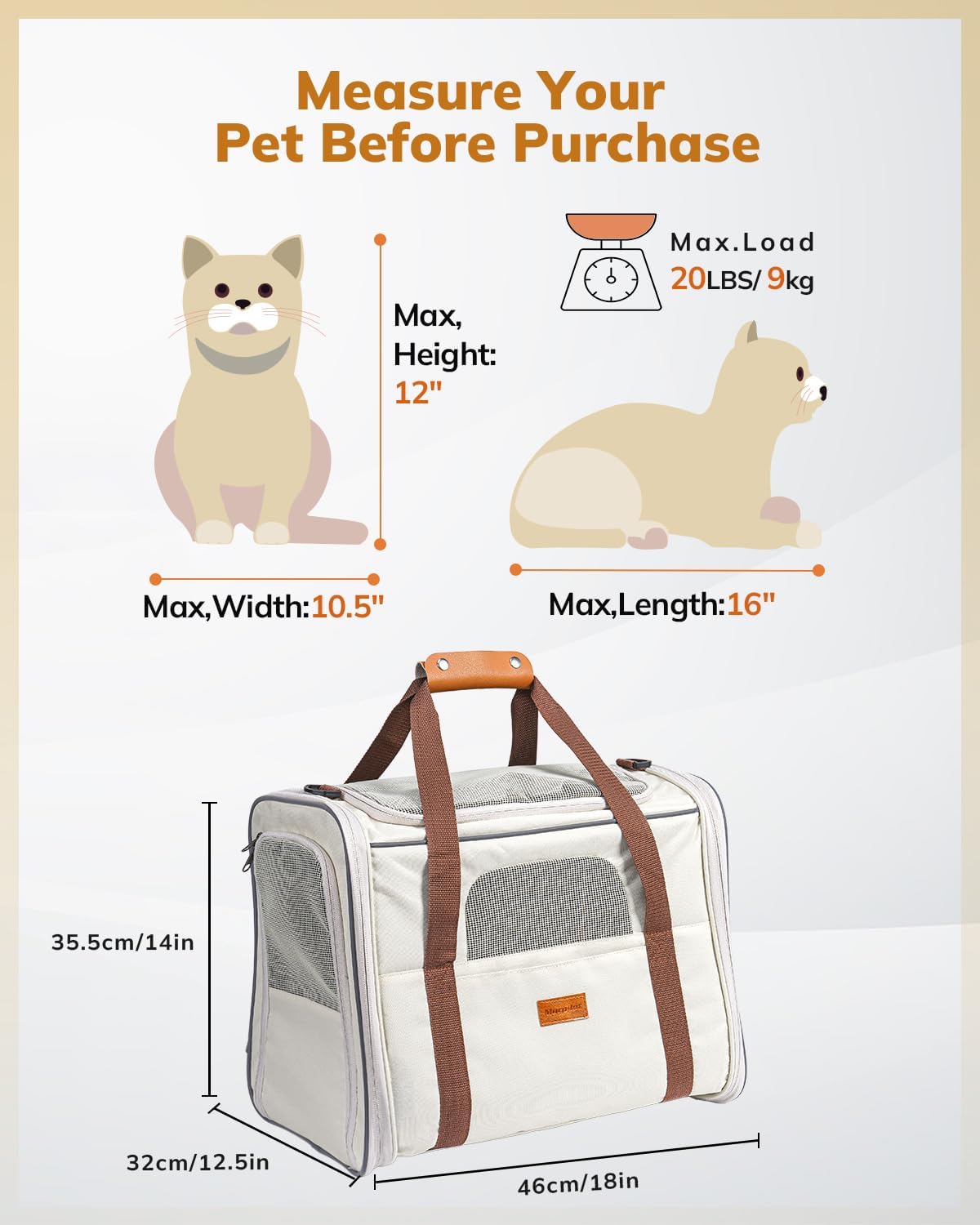 Morpilot Pet Travel Carrier Bag, Soft-Sided Dog Carrier Cat Carrier Pet Carrier, for Large Cats and Medium Puppies up to 25lbs, with Locking Safety Zippers, Foldable Bowl (Beige) - Image 5