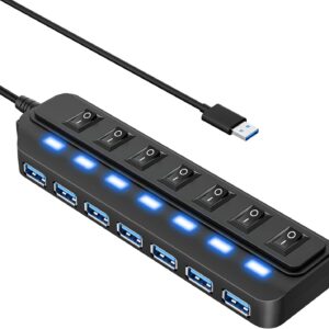 WIRWTRU USB Hub 7 Port,USB 3.0 Hub Splitter with Individual On/Off LED Switches, USB Hub for PC, 5Gbps HighSpeed Data for Laptop, Mac, PC, Desktop, PS5, Xbox and More
