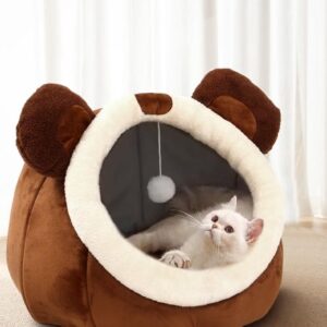 Lcybem Cat Beds for Indoor Cats – Cat Bed Cave with Removable Washable Cushioned Pillow, Soft Plush Premium Cotton No Deformation Pet Bed, Roomy Bear cat House Design, Multiple Sizes-L