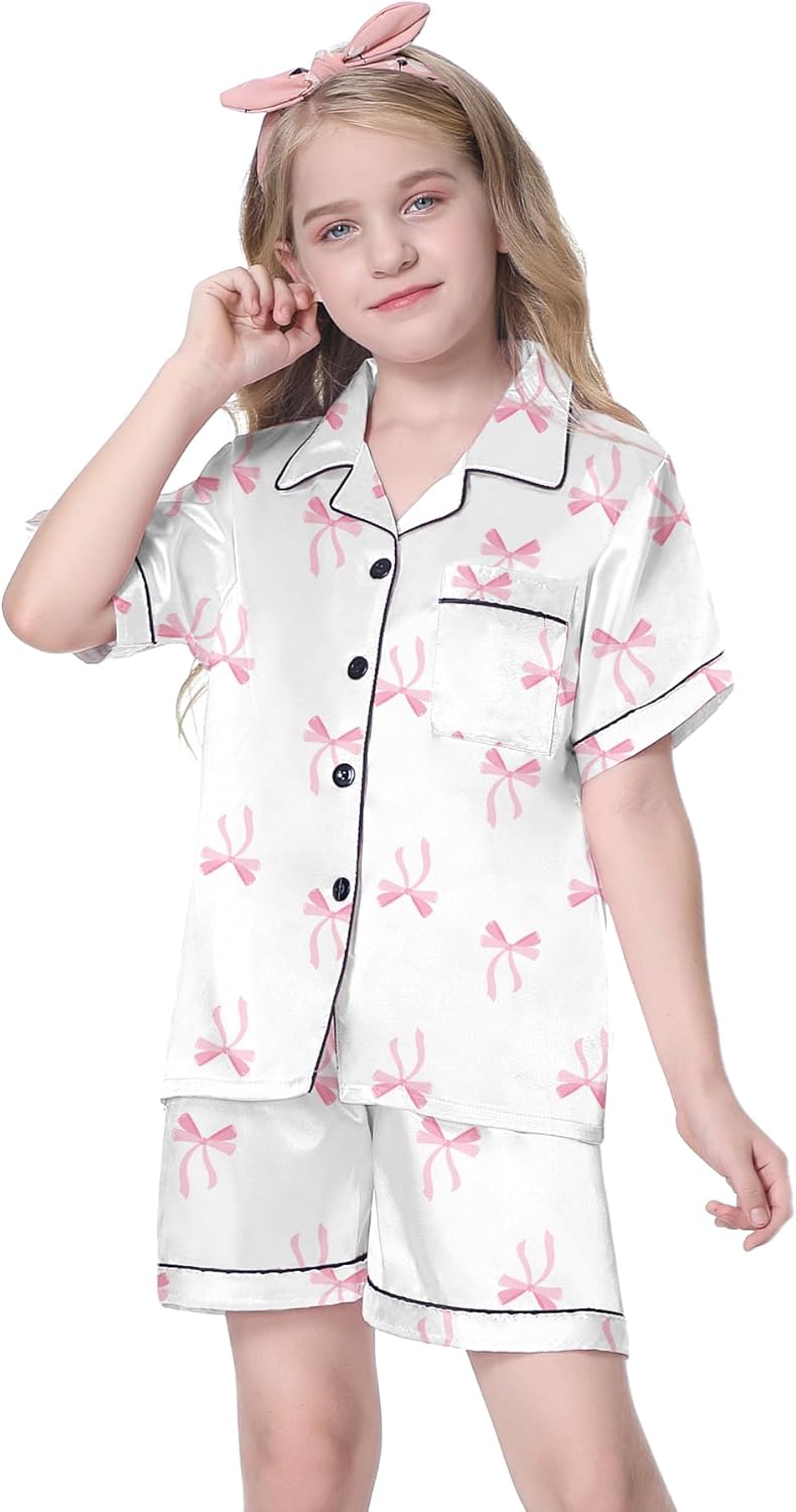 Schbbbta Girls Womens Pajamas, Satin Silky Pjs Set Kids 2Pcs Button-Down Nightwear Sleepwear Gift for Mommy and me - Image 2