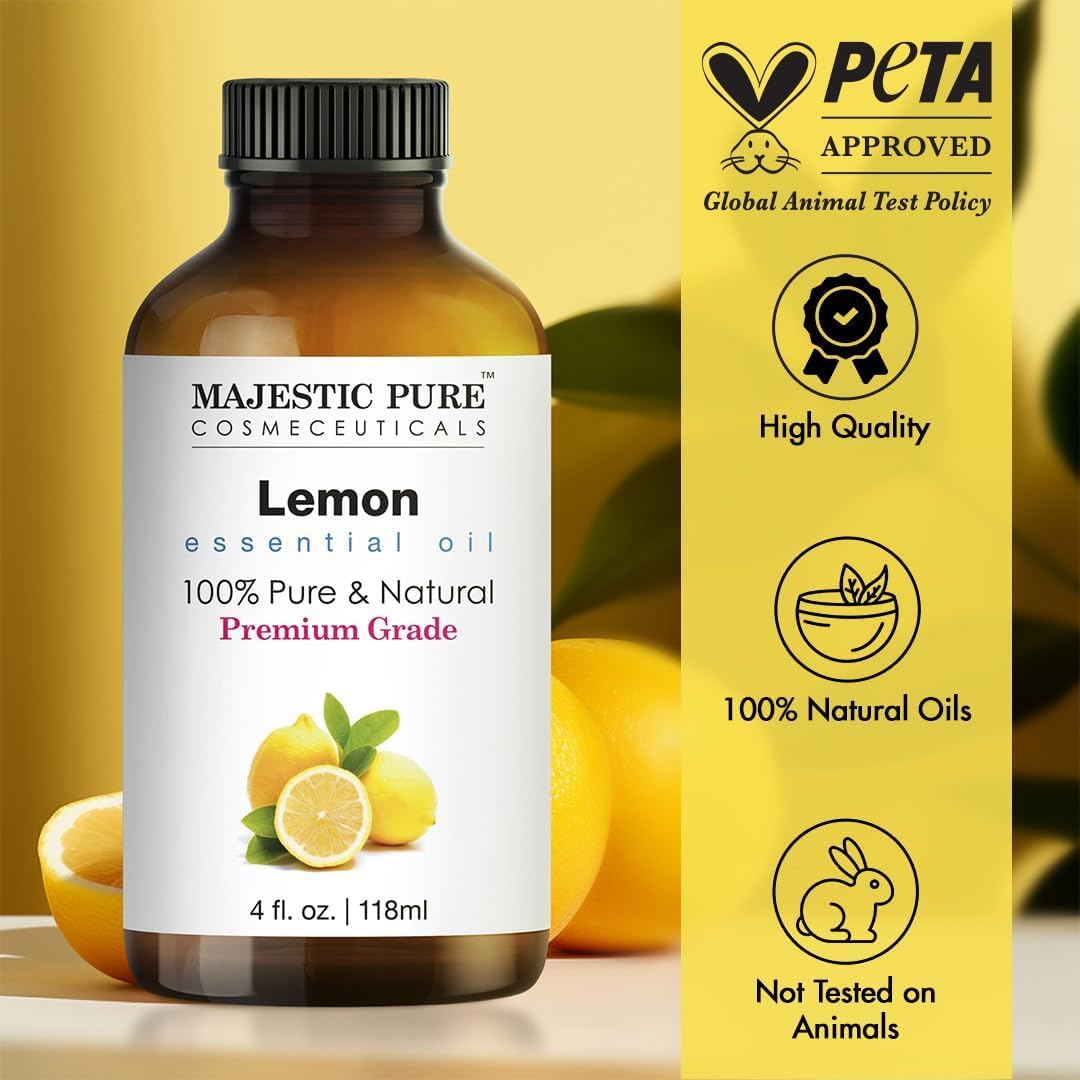 Majestic Pure Essential Oil with Glass Dropper - 100% Pure and Natural - Essential Oils for Diffuser, Aromatherapy, Soap and Candle Making, Lemon Essential Oil, Lemon Oil, 4 Fl Oz - Image 2