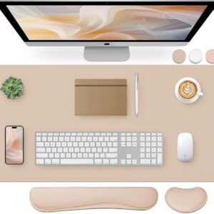 Bloss Leather Desk Pad and Keyboard Wrist Rest, Large Mouse Pad + Keyboard Pad+Mouse Wrist Support, Non-Slip Desk Mat Protector for Office, Home(31.5×15.7 Inches,Beige)