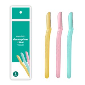 Amazon Basics Women’s Dermaplaning Tool, Peach Fuzz Remover, Facial Hair Removal, Exfoliating Face Razor with Microguard Blade for Safe Eyebrow Shaping, Includes Blade Cover, Multicolor, 3 Count