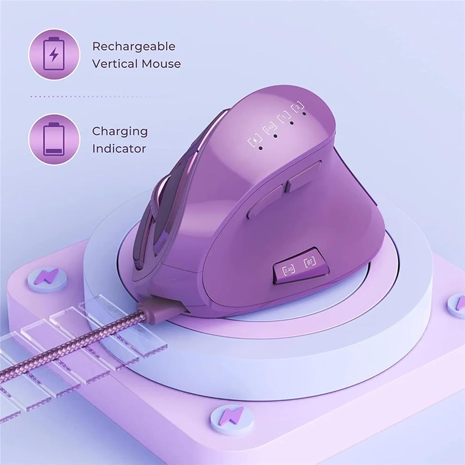 Vertical Mouse, Wireless Ergonomic Optical Mouse (BT 5.0 + Bluetooth 3.0 + USB Connection) with 9 Buttons, Rechargeable Computer Mouse for Wins PC/Laptop, Mac (Purple) - Image 2