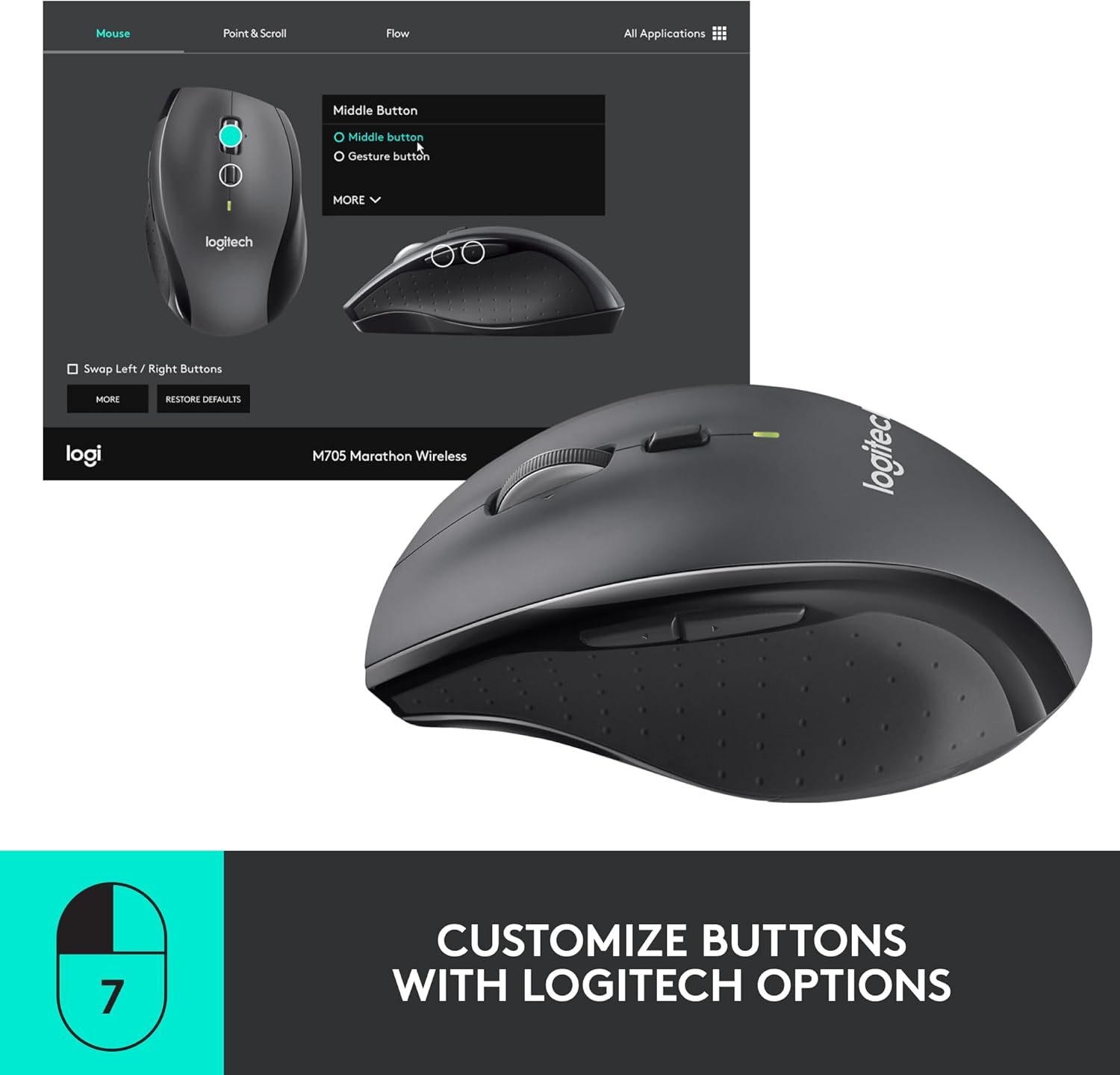 Logitech M705 Marathon Wireless Mouse, Gaming Mouse Wireless, 2.4 GHz USB-A Receiver, 5-Programmable Buttons, 3-Year Battery, PC, Mac, Laptop, Chromebook - Black - Image 4