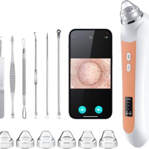 Facial Pore Blackhead Remover Vacuum, 1080P Camera Blackhead Remover, 20x Zoom, 8 LEDs ＆ 3 Suction Modes, 800mAh Battery & USB – 6 Heads Pore Cleaner Kit for Women&Men(Orange)