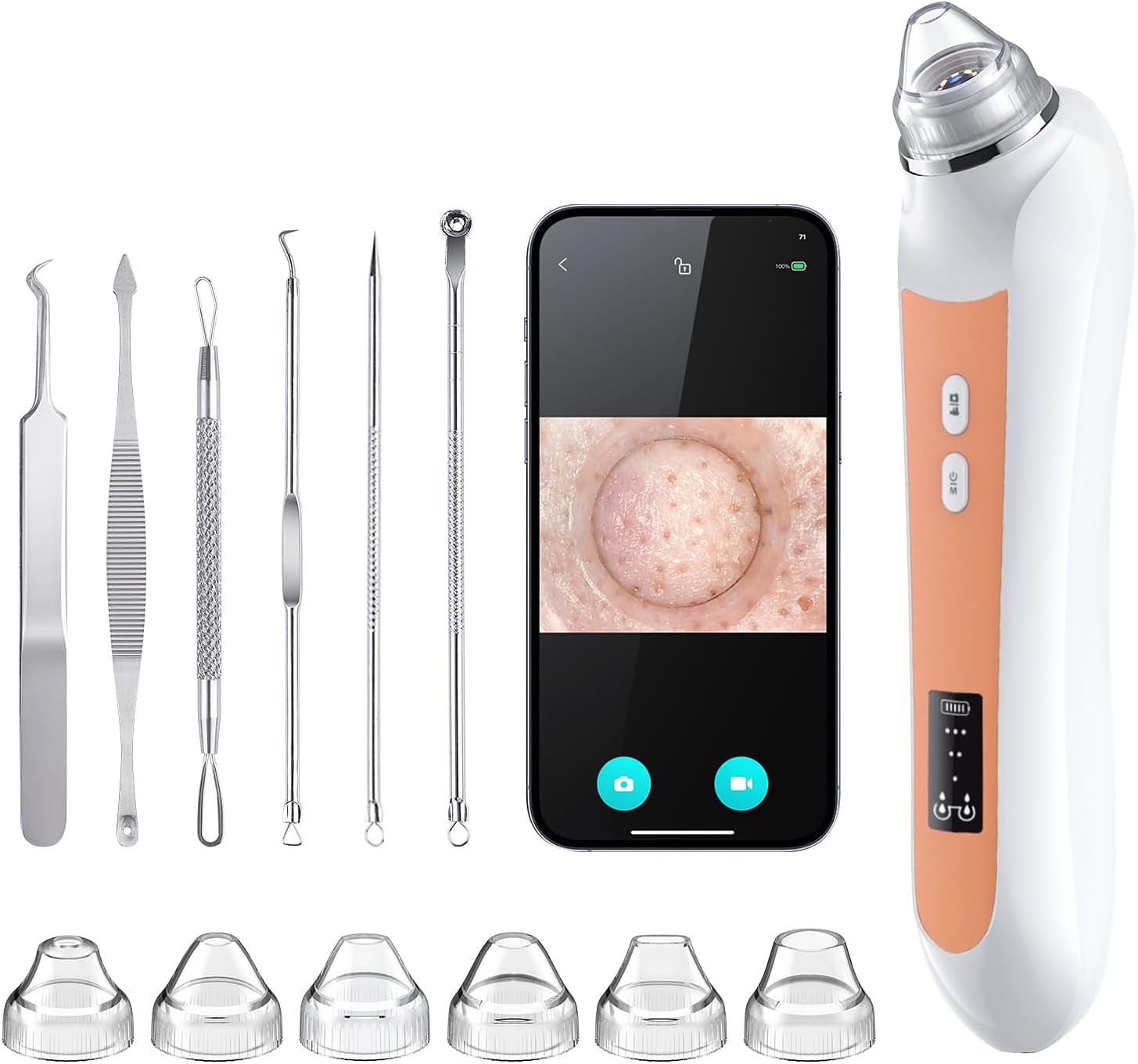 Facial Pore Blackhead Remover Vacuum, 1080P Camera Blackhead Remover, 20x Zoom, 8 LEDs & 3 Suction Modes, 800mAh Battery & USB - 6 Heads Pore Cleaner Kit for Women&Men(Orange)