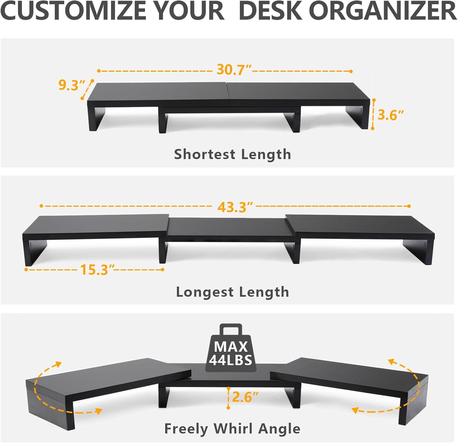 TAVR Dual Monitor Stand Riser Office Desktop Organizer Stand for 2 Monitors, Adjustable Length and Angle 3 Shelf, Extra Long Multifunctional Wooden Stand up to 43.3" fit Computer, Laptop, TV, Black - Image 3