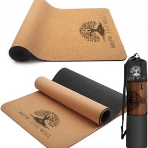 MHW – LIVE WELL Cork Yoga Exercise Mat | Natural Resists Sweat & Odors | Non-Slip TPE Yoga Mat | Extra Comfort for Hot Yoga, Pilates, and Workouts | 6mm Thick, Eco-Friendly