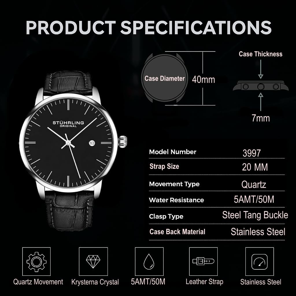 Stuhrling Original Men's Watch Dress Watch 40mm, Ultra Slim Mens Watch Leather Strap, Quartz Analog Men's Wrist Watch, Classic Minimalist Watch for Men - Image 8