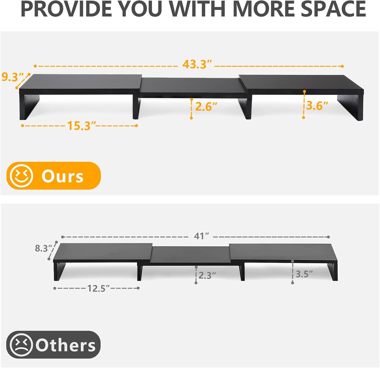 TAVR Dual Monitor Stand Riser Office Desktop Organizer Stand for 2 Monitors, Adjustable Length and Angle 3 Shelf, Extra Long Multifunctional Wooden Stand up to 43.3" fit Computer, Laptop, TV, Black - Image 8