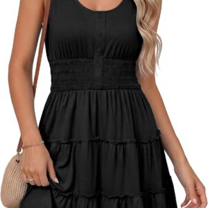 Dokotoo Womens Summer Dresses 2026 Sleeveless Button Down Smocked Empire Waist Ruffle Tiered Casual Swing Mini Dress
