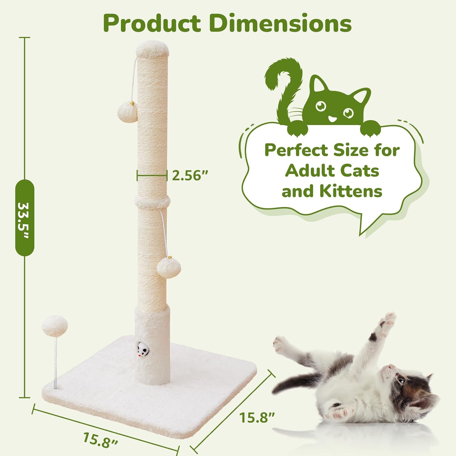 Woochpet Cat Scratching Posts 33" for Adults Cats, Cat Scratcher with Soft Fabric Covering Base and Durable Sisal Rope, Scratcher with Fun Mouse Hole and Cat Toy for Tall Cats (White) - Image 2