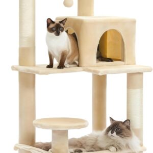 MUTTROS Cat Tree for Large Cats Adult with Metal Plush Big Hammock, 56.3″ Cat Tower with 2 Door Condo House, 6-Tier Cat Shelves with Scratching Posts and Large Top Perch, Beige