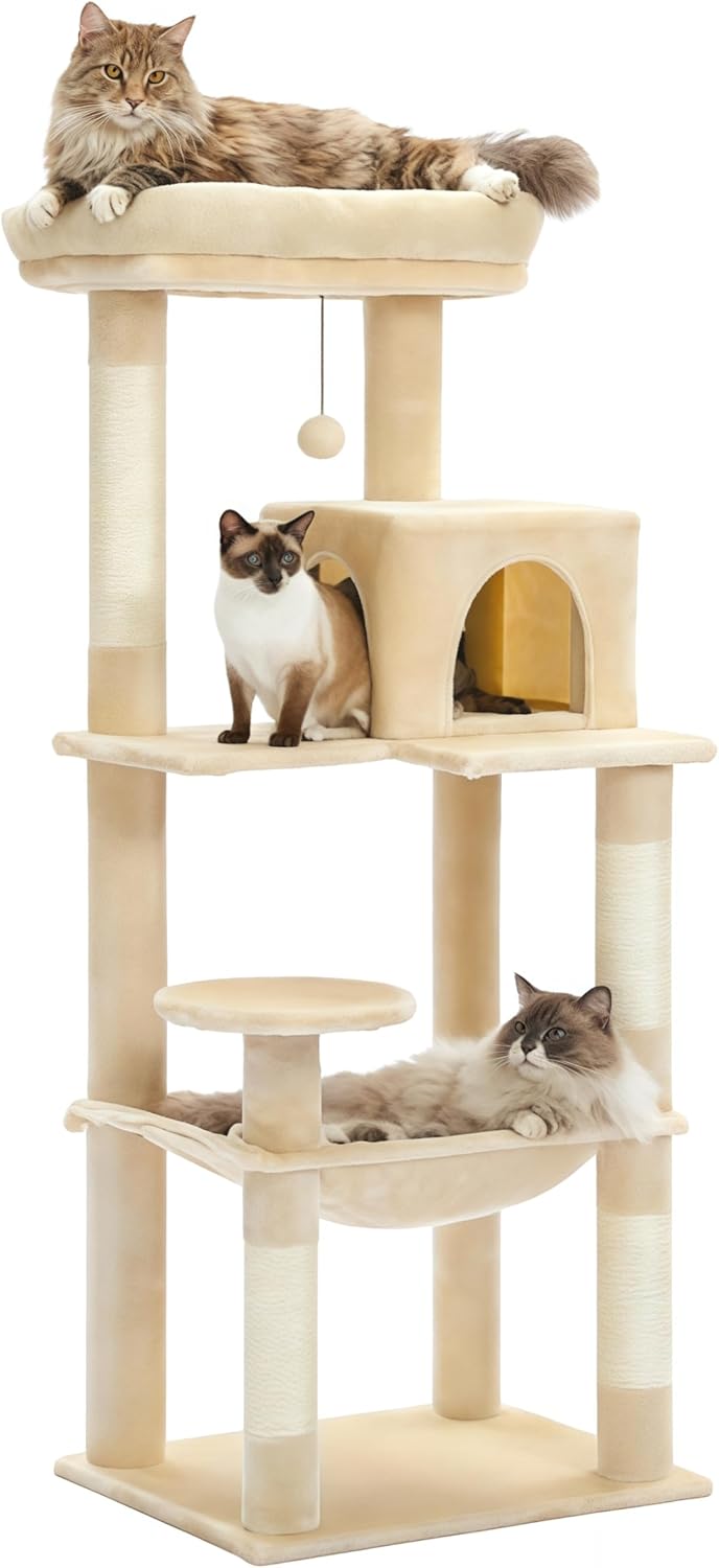 MUTTROS Cat Tree for Large Cats Adult with Metal Plush Big Hammock, 56.3" Cat Tower with 2 Door Condo House, 6-Tier Cat Shelves with Scratching Posts and Large Top Perch, Beige