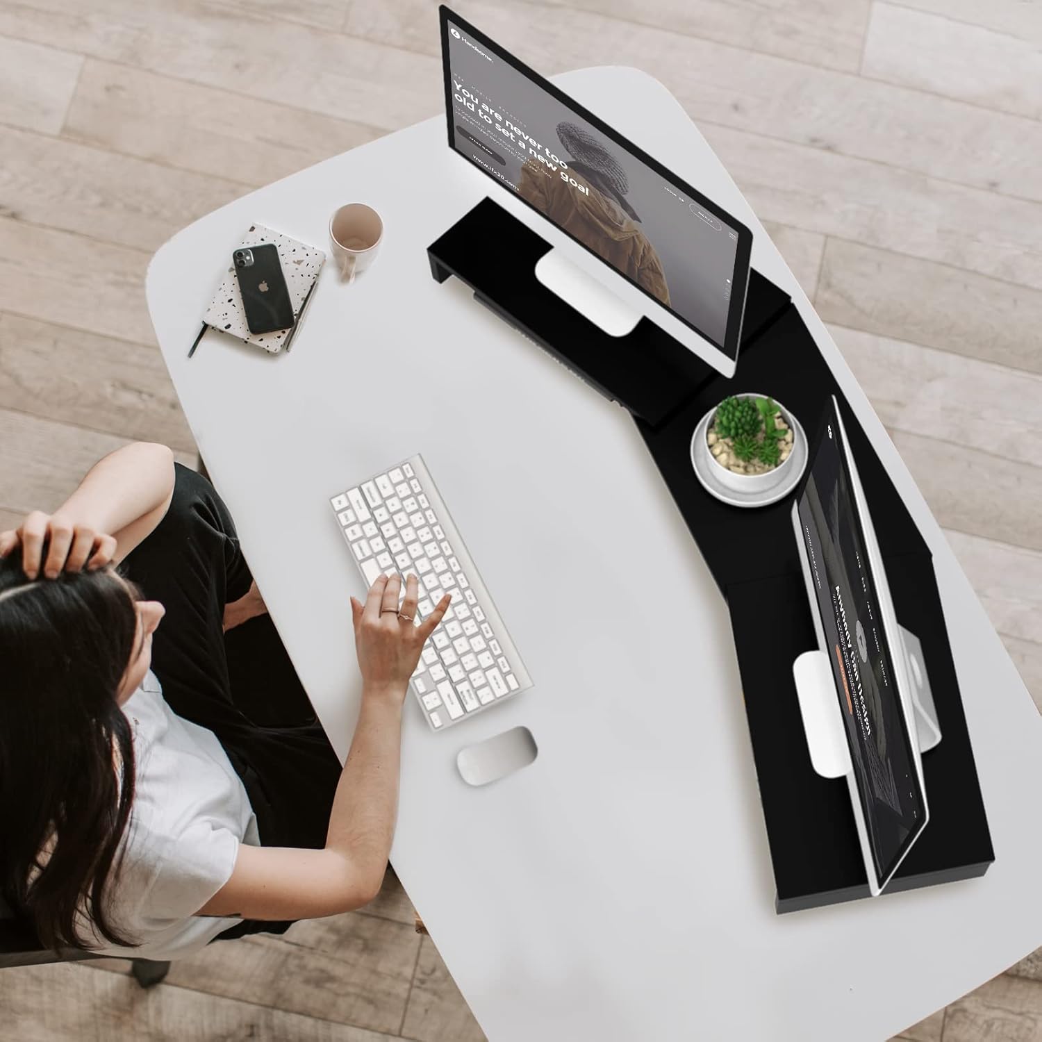 TAVR Dual Monitor Stand Riser Office Desktop Organizer Stand for 2 Monitors, Adjustable Length and Angle 3 Shelf, Extra Long Multifunctional Wooden Stand up to 43.3" fit Computer, Laptop, TV, Black - Image 9