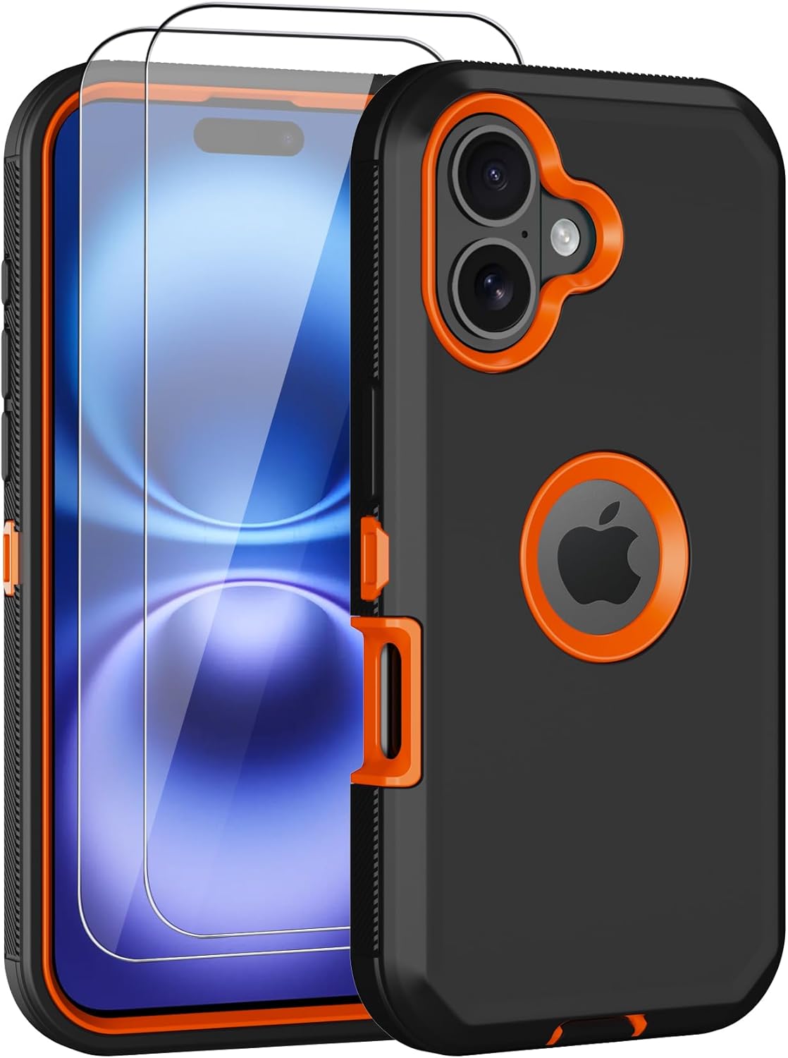 for iPhone 16 Case, with 2 Screen Protector Heavy Duty Drop Protection, Full Body 3 Layer Rugged Shockproof Dust-Proof Tough Protective Phone Cover for Apple iPhone 16 (Black/Orange)