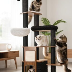 63″ Modern Cat Tree Tower for Indoor Cats, Heavy Duty Cat Trees for Large Cat, Adult Maine Coon Cat Tree Tower with Scratching Post, Extra Large Top Perch, Cat Condos (Black)