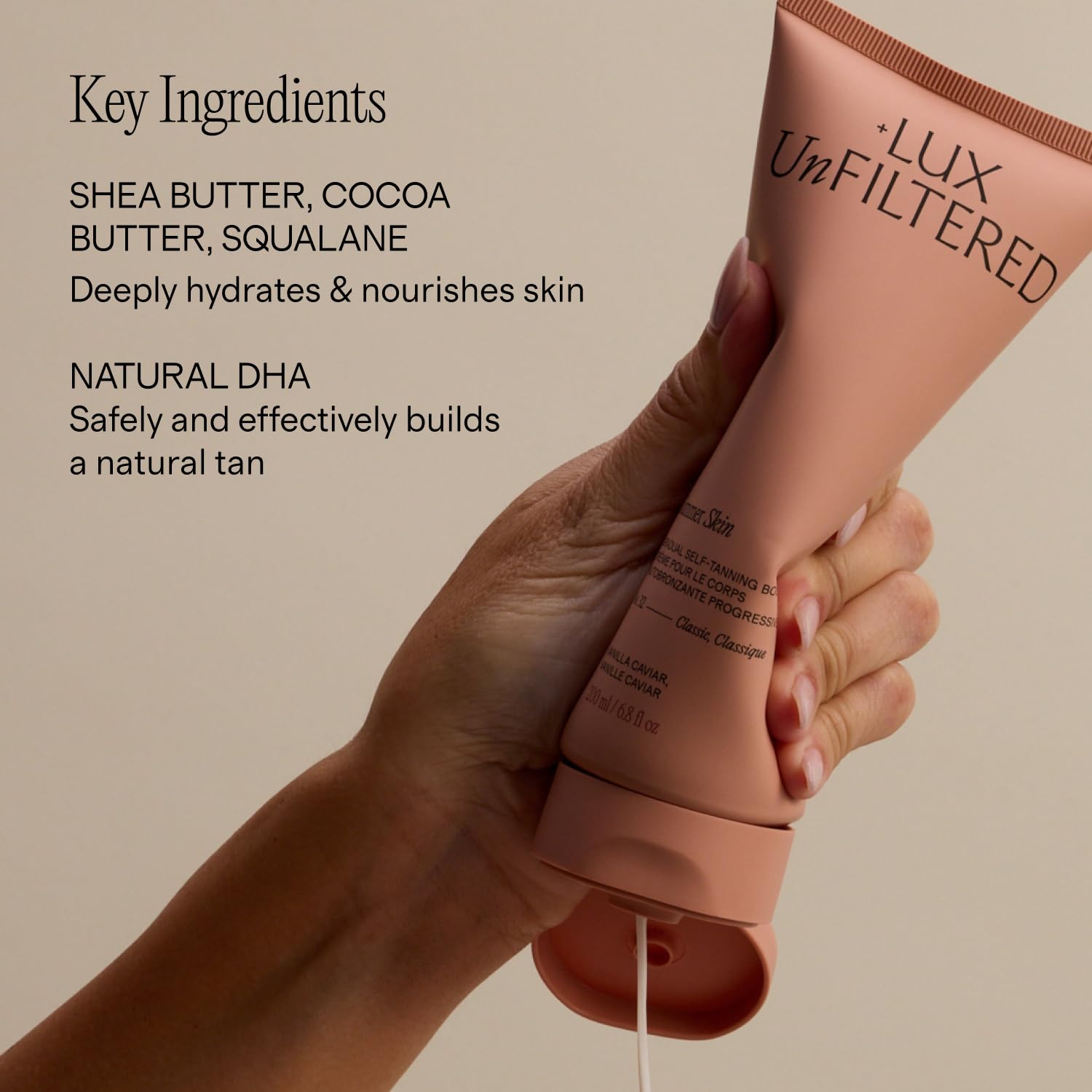 + Lux Unfiltered N°32 Summer Skin Deep Gradual Self Tanner, Hydrating Self Tanning Lotion - Shea Butter & Squalane - Non-Sticky, No Transfer, Natural-Looking Tan - Vegan Sunless Tanner - Santal - Image 4