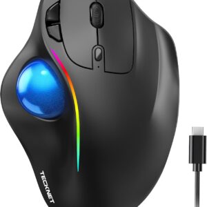 TECKNET Pro Wireless Trackball Mouse, Bluetooth Mouse with Ergonomic Thumb Control, USB-C Rechargeable, RGB Light Mice with Adjustable DPI, 3-Device Connectivity (BT or 2.4G),for PC/Mac/Laptop – Black