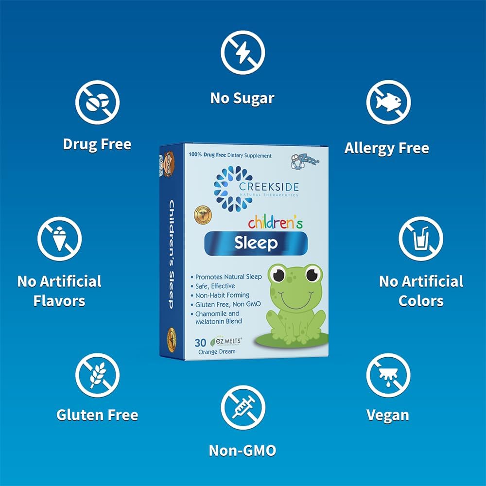Creekside Naturals Children’s Sleep, with Melatonin and Chamomile, Zero Sugar, Vegan, Pediatrician Formulated, Orange Dream Flavor, 30 EZ Melt Tablets - Image 5