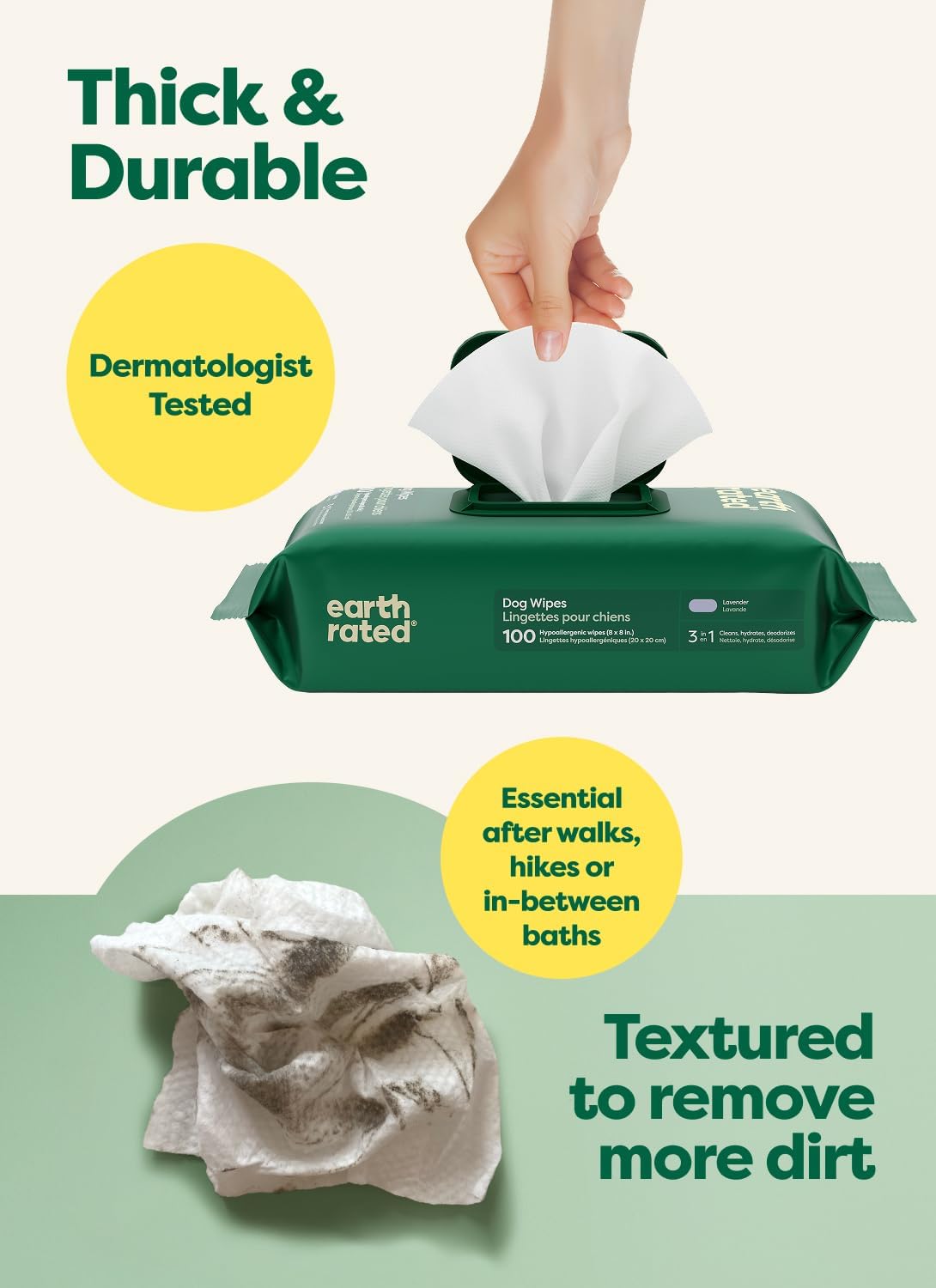 Earth Rated Dog Wipes, Hypoallergenic, 3-in-1 Cleaning and Hydrating, for Grooming Paws, Body and Butt, Lavender Scented, 100 Count - Image 3